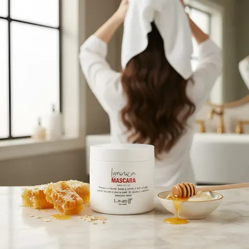 Mascarilla Baño De Luz Brillo Lumínica Hidrata & Nutre con Avena & Miel, dejando una iluminación de salón de belleza en tu cabello, producto profesional x 250Mls Lineup