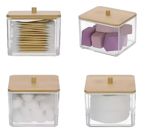 Organizador De Maquillaje Multiuso Acrílico 9×9 C/tapa Bambú