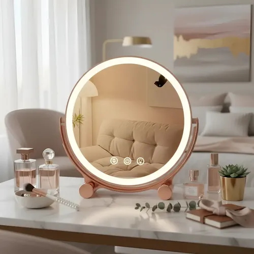 Espejo Redondo Cosmetic Mirror Led Rosa Luz Ajustable Usb Maquillaje