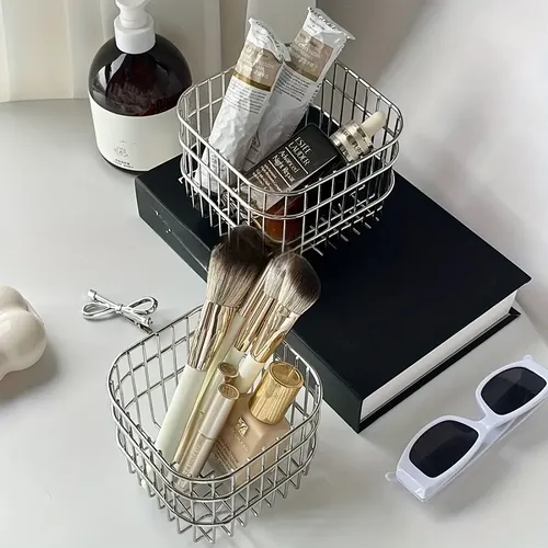 Cesta De Herramientas De Maquillaje De Acero Inoxidable Y Or Plateado
