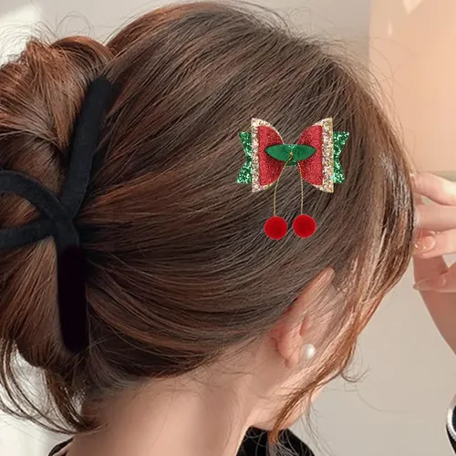 Moño Navideño Accesorio Para El Cabello De Cerezas
