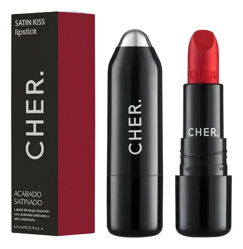 Labial Cher Satin Kiss Rojo Escarlata Larga Duración Lipstick
