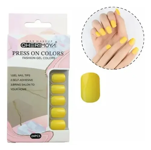 Uñas postizas ovalada Cherimoya FASHION GEL COLOR BH001207 color amarillo liso x 24 unidades