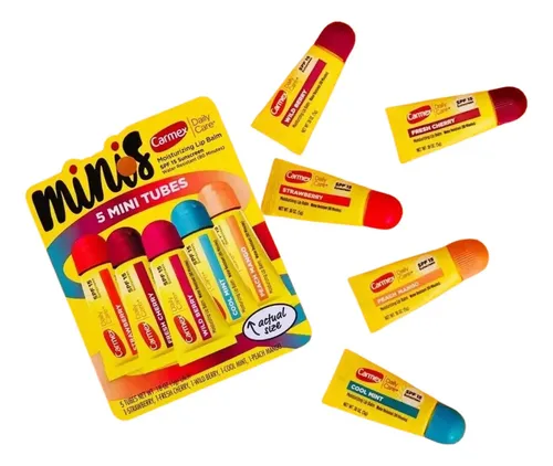 Carmex Bálsamo Labial Mini Pack 5 Sabores (Cereza, Mora Salvaje, Fresa, Menta Fresca, Mango-Durazno) | Hidratante con Protección Solar SPF 15, Suaviza y Hidrata Labios Secos y Agrietados