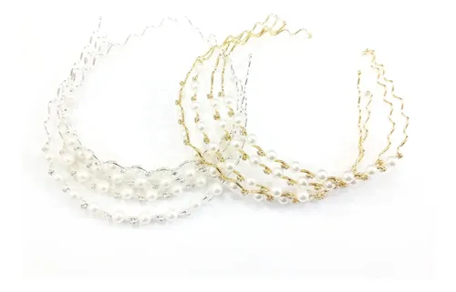 Pack X 2 Vinchas Metal Con Perla De Pelo Dorado Y Plateado