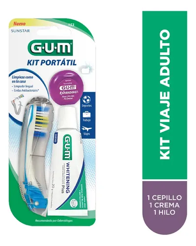 GUM – Kit Viajero Original, Cepillo Plegable con Cerdas Antibacterianas y Limpiador Lingual, Hilo Dental Expanding 10.9 m, Crema Whitening 20 g