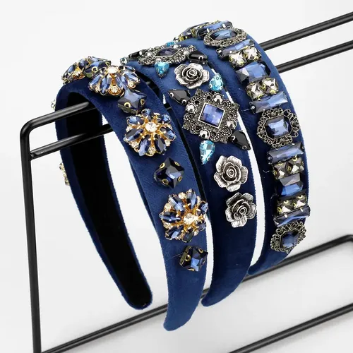 Vincha Vintage De Perlas Barrocas Y Strass Azul Marino