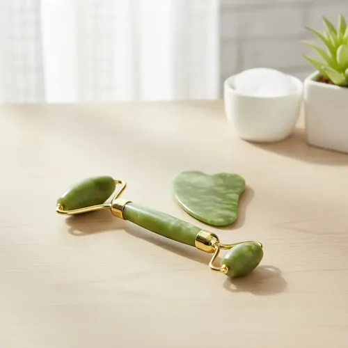 Jade Roller Masajeador Facial Y Piedra Gua Sha Set Verde