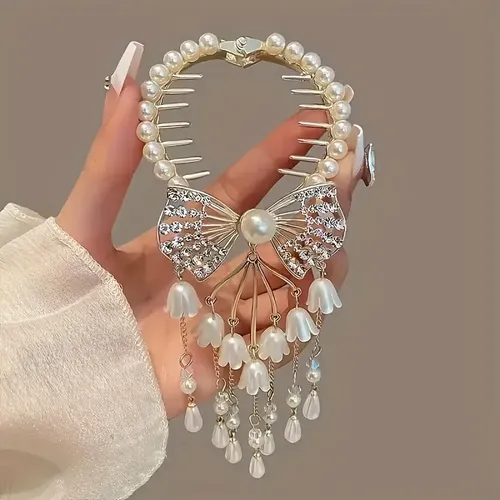 Broche De Pelo Con Perla, Cristal Y Lazo Elegante J