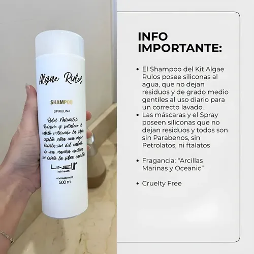 Kit Definición Rizos Algae Rulos Line Up con Shampoo Rizos, Máscara Algae Rizos, Mascara Antifrizz e Hidratadora 4FourAction y Spray Formador de Rulos