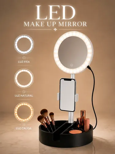 Espejo Con Luz Led Calida Fria Maquillaje Plegable Portatil