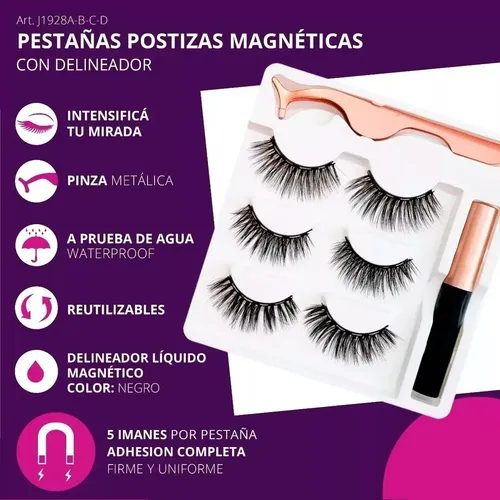 Pestañas Postizas Magnéticas X 3 Pares Y Delineador Premium