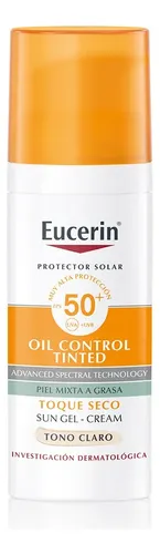 Eucerin Oil Control Protector Solar Facial Con Color Tono Claro FPS50+ para Piel Grasa 50ml, Bloqueador Solar