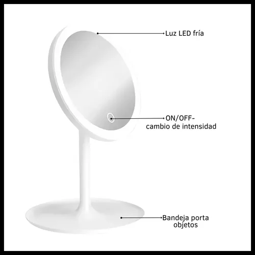 Espejo Touch Redondo Para Maquillaje Con Luz LED 3 Tonos USB 17cm