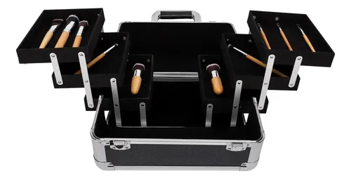 Maletin De Maquillaje Gadnic PVC Aluminio 6 Bandejas Cerradura Llaves Kit 11 Cepillos