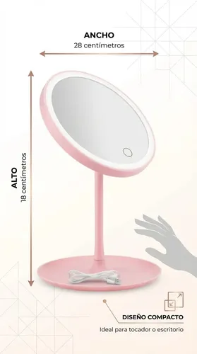 Espejo Para Maquillaje Redondo Con Luz Led Táctil Usb Rosa