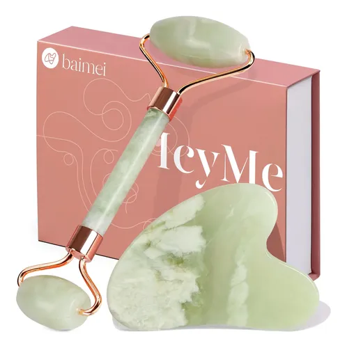 Set Rodillo Jade Y Gua Sha Facial Baimei Verde Claro