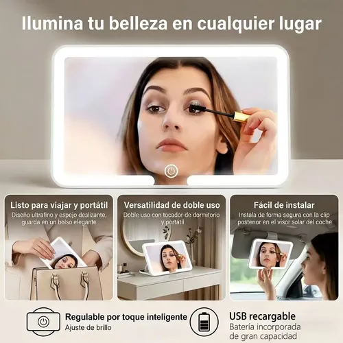 Qp. Espejo Visera Coche Con 3 Tonos De Luz Led Maquillaje –