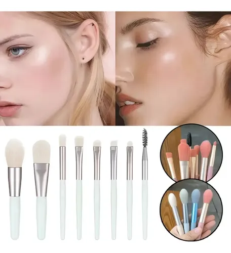 Set X 8 Brochas Y Pinceles Para Maquillaje Color Azul Claro