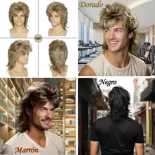 Peluca De Pelo Largo Para Hombre, Estilo 80, Disfraz De Aspe Marrón