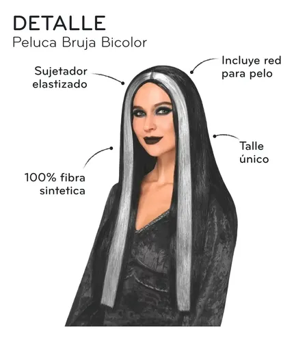 Peluca Bruja Cotillon Halloween Lacia Negra Bicolor Morticia