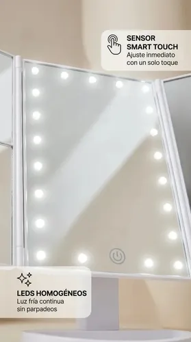 Espejo Maquillaje Giratorio 22 Led 3 Aumentos Usb Bateria Blanco Triple Tactil Led Luz 3 Paneles Plegable Portatil Iluminacion Perfecta