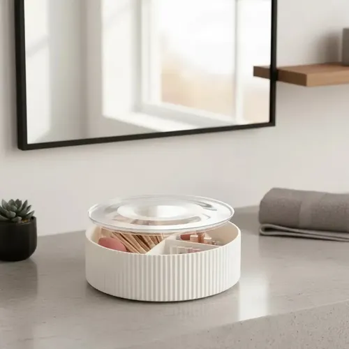 Organizador Maquillaje 3 Divisiones Diseño Rayado Con Tapa Organización Brochas Labiales Blanco Craco