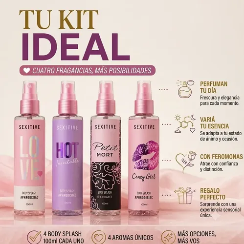 Kit 4 Body Splash Mujer Con Feromonas Afrodisiacos Sexitive
