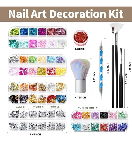 Kit Decoración Uñas Brillos Pinceles Y Strass Nail Art