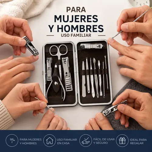 Set Manicure Estuche 12 Piezas Acero Inoxidable Cuidado Uñas