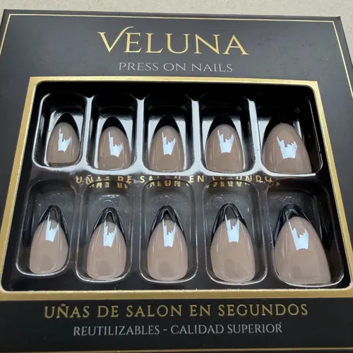 Uñas Press On Veluna Soft Gel Francesitas Clásicas 30u Full Black French Almendra