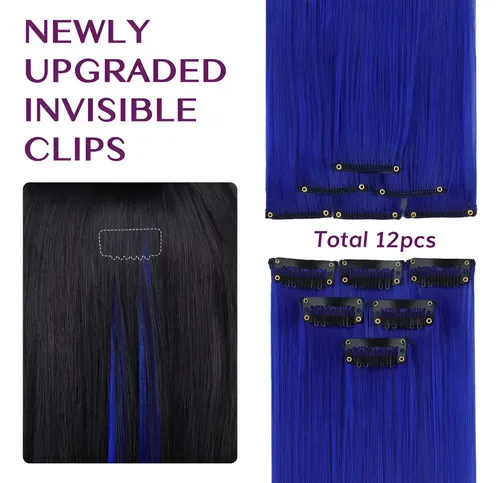 Extensiones De Cabello Mechas Azules 60cm Con Clip 12u Azul
