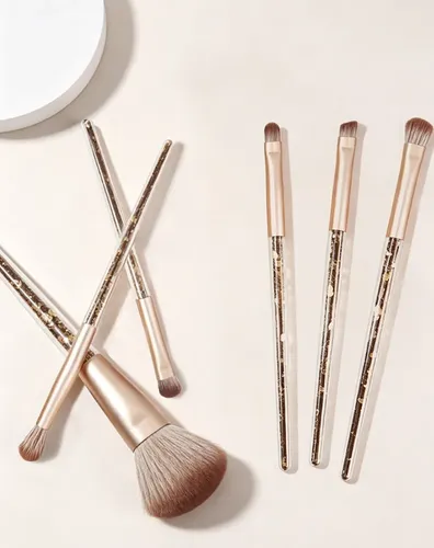 Set 6 Brochas Maquillaje Mango Lentejuelas Rosadas