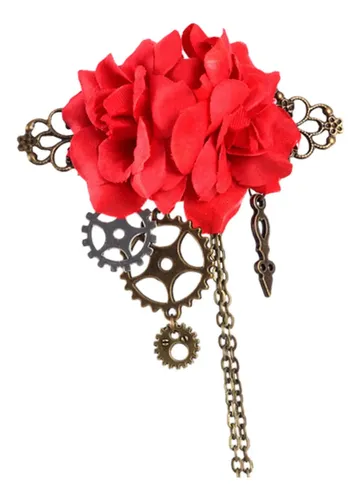 Clip Floral Steampunk Lolita Gear Rose Para El Cabello Rojo