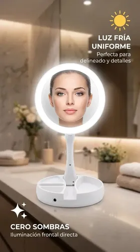 Espejo De Maquillaje Redondo Plegable Aitech Usb Pila Blanco Redondo Recargable Portatil Rotacion Ajustable Tactil Luz Fria Calida Tocador Viaje Profesional Base Estable