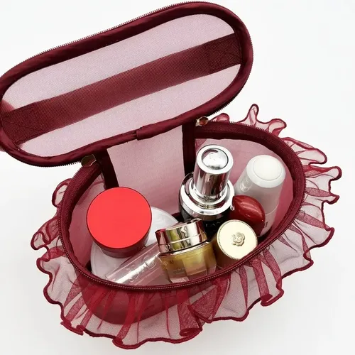 Neceser Tul Bordado Corazón Mano Cosméticos Pañuelos Rojo