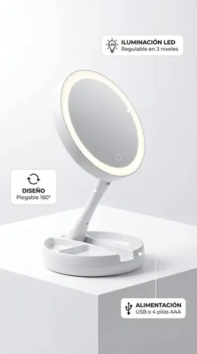 Espejo De Maquillaje Redondo Plegable Usb Pila Luz Led Zoom