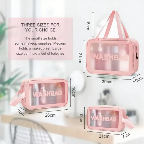Neceser de 3 Carmela Transparente Rosa para Maquillaje y Artículos de Aseo