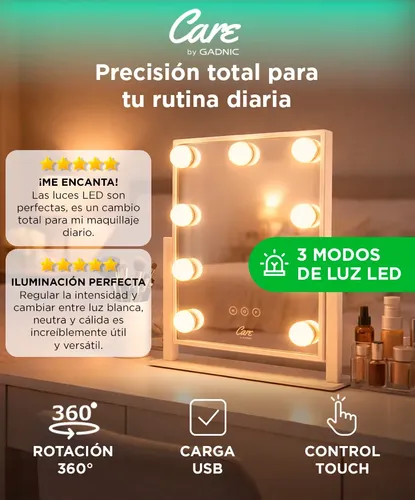 Espejo Para Maquillaje Gadnic Luz Led 3 Modos Táctil Belleza