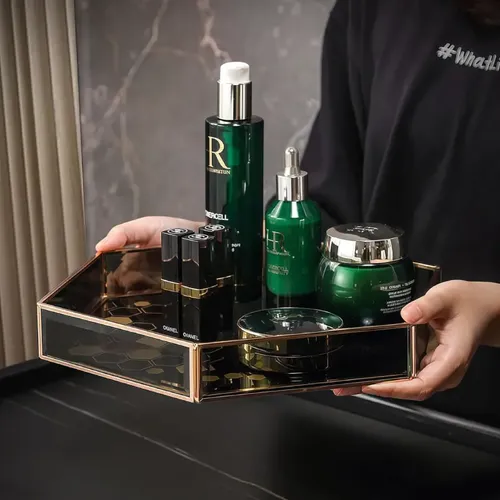 Bandeja Hexagonal De Vidrio – Maquillaje – Perfumes – Deco Negro