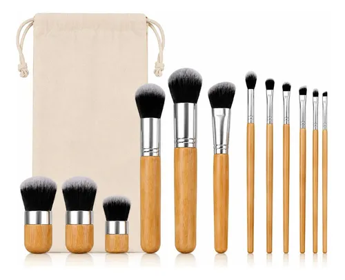 Set Brochas Y Pinceles Maquillaje Con Mango De Bambú + Bolsa