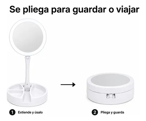 Espejo De Aumento Led Plegable Con Luz Y Organizador