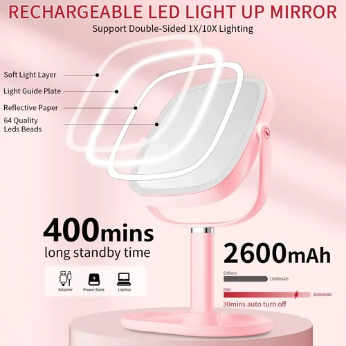 Espejo De Maquillaje Vanmirr Con Luz 10x Ajustable Rosa