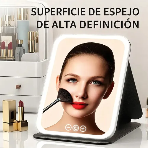 Espejo Maquillaje Led Plegable Luz Fría Cálida Natural Usb Negro