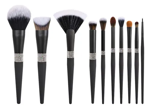 Set 10 Brochas Negro Mate Contorno Polvo Profesional