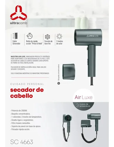 Secador De Pelo Ultracomb Sc-4663 Con Soporte Pared 2000w Verde