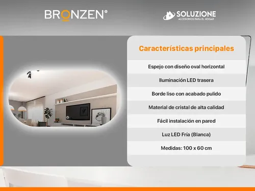 Espejo Premium Horizontal Ovalado Luz Led Trasera 100 X 60cm