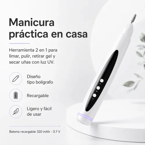 Pulidora De Uñas Eléctrica 2 En 1, Portátil, Con Lámpara Uv