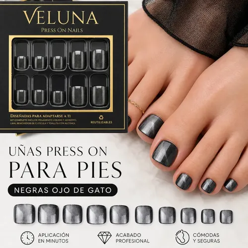 Uñas Press On Para Pies Kit Completo Reutilizable Veluna – Negro Ojo De Gato