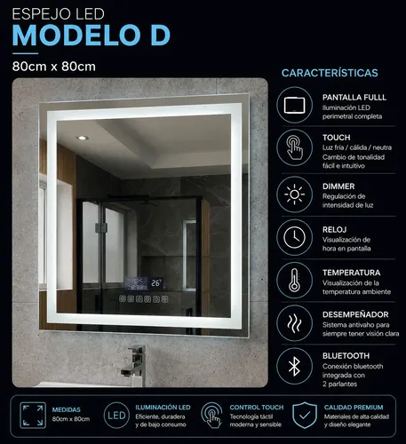 Espejo Led Baño 80 X 80 D Bluetooth Desempanador Reloj Full